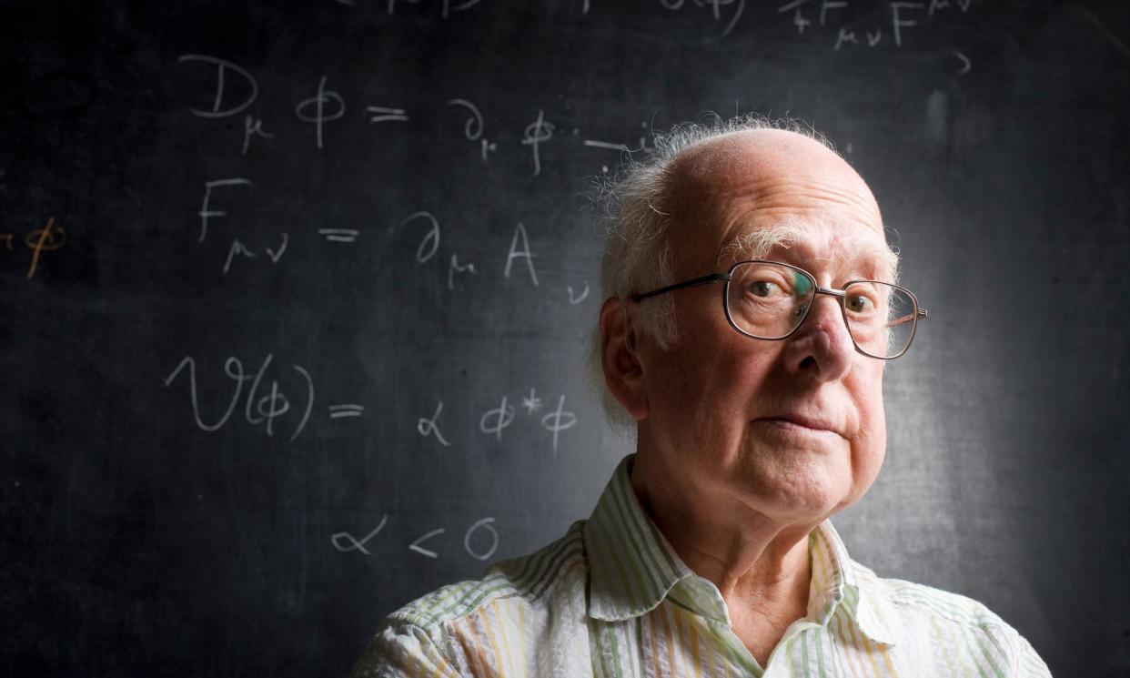 <span>Prof Peter Higgs in his office at Edinburgh University in 2007 with a description of the Higgs model on the blackboard behind him.</span><span>Photograph: Murdo Macleod/The Guardian</span>