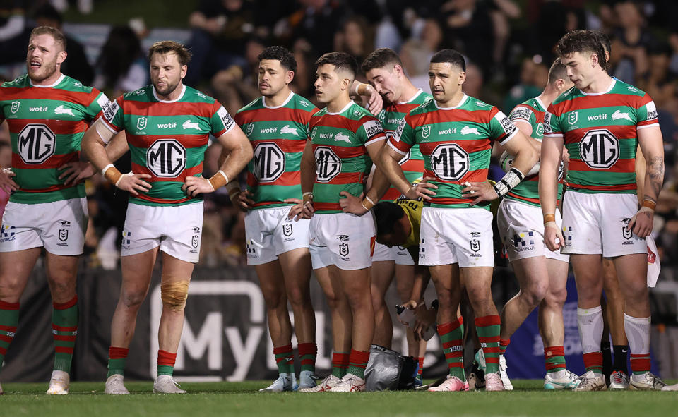 South Sydney Rabbitohs players look on during a game.