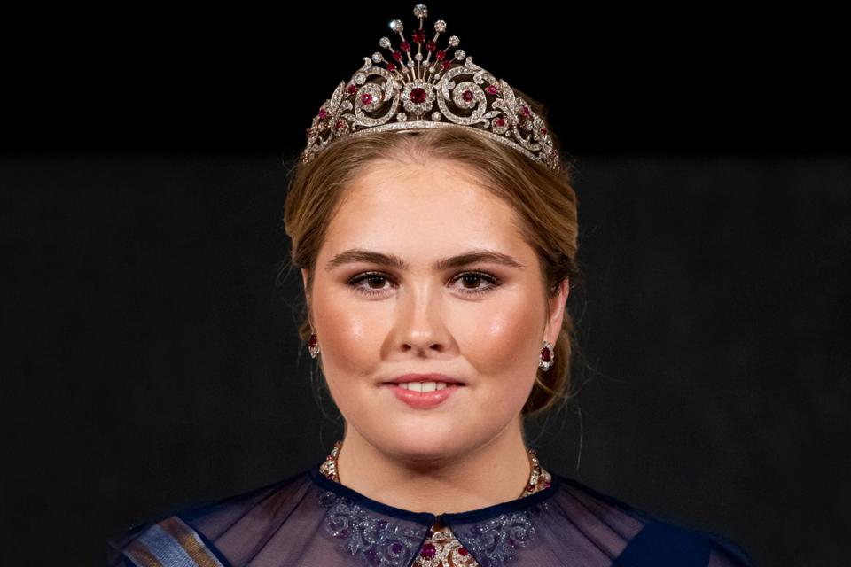<p>Patrick van Katwijk/Getty</p> Princess Catharina-Amalia of the Netherlands attends her first state banquet on April 17, 2024