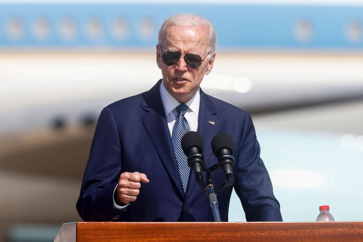 Joe Biden speaks during an arrival ceremony at Ben Gurion International Airport in Tel Aviv