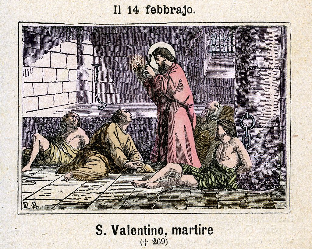 saint valentine approx 176 rome, 14 feb 273 bishop of terni and martyr according to tradition, he died by beheading under aurelian, at 97, after torture he was imprisoned for having joined in marriage the young serapio, christian and the roman legionary sabino, pagan, who had urgently requested baptism in order to join the love, seriously ill the two dead together immediately after the celebration for this episode, the saint is venerated as the patron saint of in lovers, but so also of epileptics according to some sources it would actually two distinct historical characters, a bishop of terni, and the other roman presbyter that would miraculously healed from blindness through prayer, as a prisoner, the daughter of a jailer, whose he was in love, both executed by decapitation on the via flaminia colored engraving, italy 1886 commemoration february 14th colored engraving from diodore rahoult, italy 1886 photo by fototeca gilardigetty images