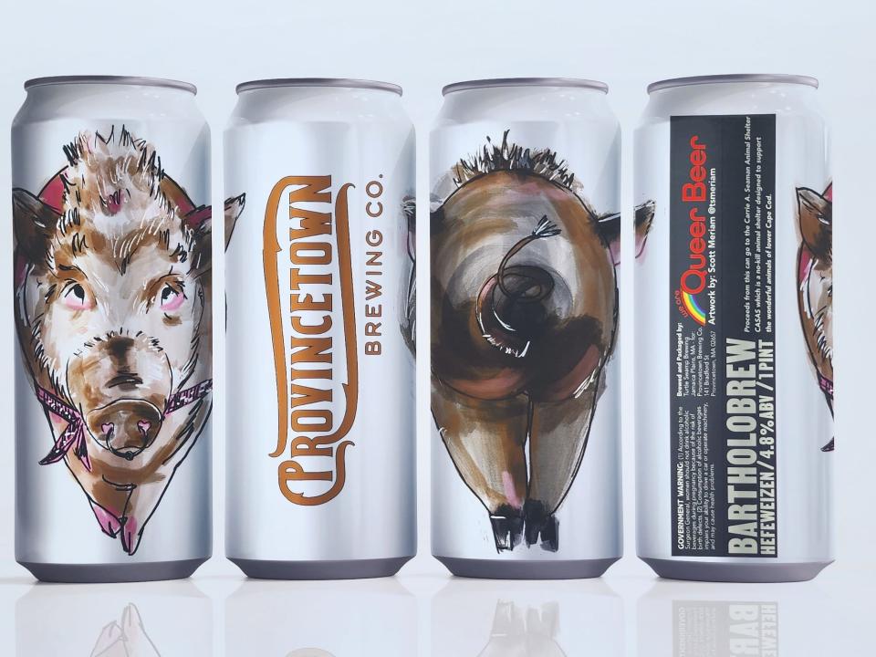 Cans of Bartholobrew, a wheat ale from the Provincetown Brewing Co. that features Bartholomew the Harwich pig on the label.