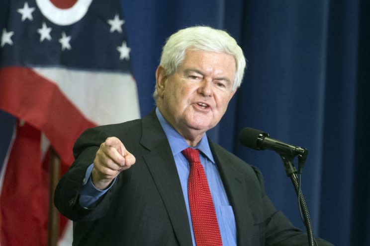 Former House Speaker Newt Gingrich speaks before introducing Republican presidential candidate Donald Trump during a campaign rally at the Sharonville Convention Center, Wednesday, July 6, 2016, in Cincinnati. (AP Photo/John Minchillo)