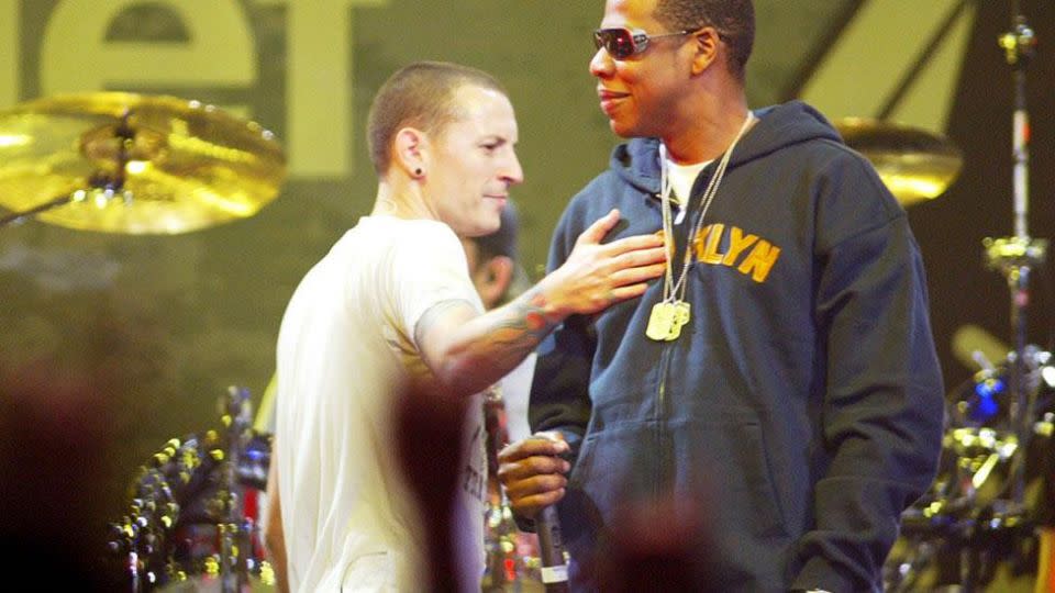 Chester and Jay-Z. The band and the rapper did a critically acclaimed album together. Source: Getty