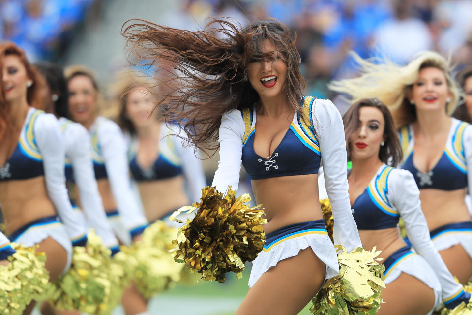 <p>The Los Angeles Chargers girls perform during the game between the Los Angeles Chargers and the Miami Dolphins at the StubHub Center on September 17, 2017 in Carson, California. (Photo by Sean M. Haffey/Getty Images) </p>