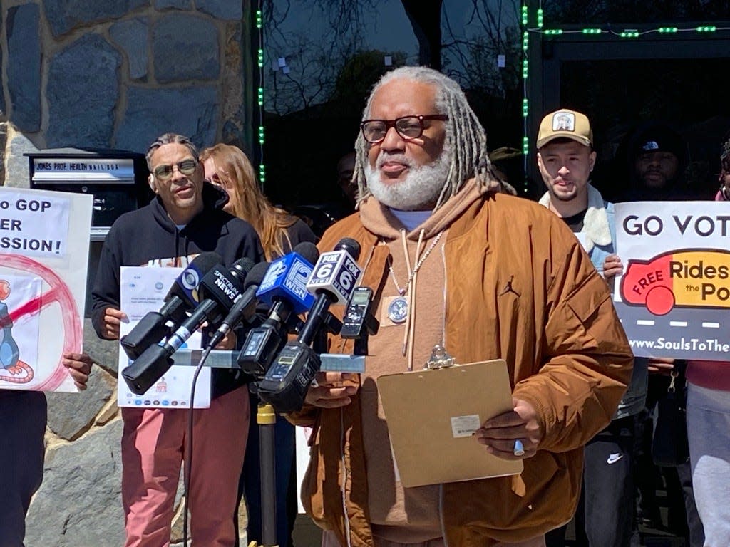 Greg Lewis, Wisconsin executive director of Souls to the Polls, speaks at a news conference calling for the removal of Andrew Iverson, the executive director of the Republican Party of Wisconsin. Lewis spoke on Thursday, April 25, 2024, after the disclosure of text messages Iverson sent in 2020 on behalf of the Trump campaign appearing to call for steps to disrupt get out the vote efforts conducted by Souls to the Polls.