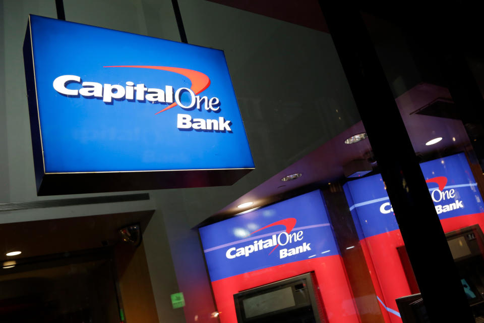 FILE - This Nov. 23, 2015, file photo, shows a Capital One bank in New York. The U.S. Treasury Department has fined Capital One $80 million for careless network security practices that enabled a hack that accessed the personal information of 106 million of the bank’s credit card holders. (AP Photo/Mark Lennihan, File)
