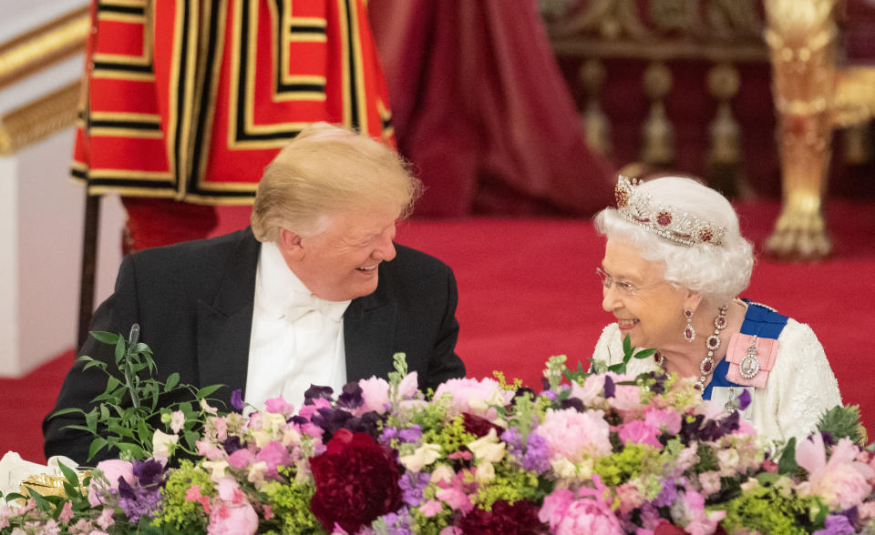 US President Donald Trump and Queen Elizabeth II during the State Banquet at Buckingham Palace, London, on day one of President Trump's three day state visit to the UK.