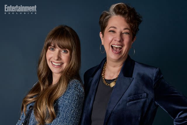 <p>JSquared Photography/NBCUniversal</p> 'Apples Never Fall' star Alison Brie and showrunner Melanie Marnich