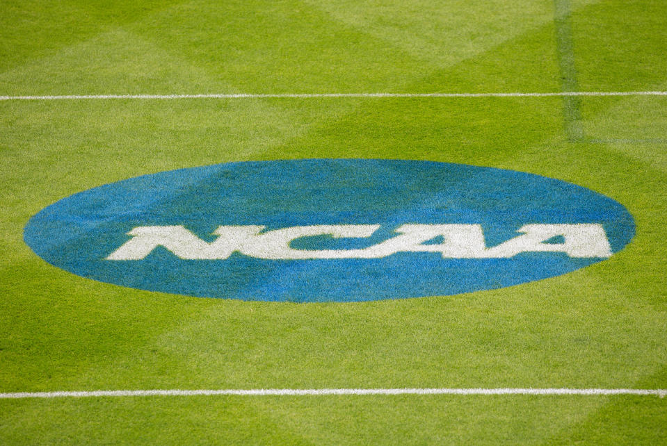 EAST HARTFORD, CT - MAY 19: General view of the NCAA logo prior to the Division 1 quarterfinal game between Loyola Greyhounds and Penn State Nittany Lions on May 19, 2019, at Rentschler Field in East Hartford, CT. (Photo by M. Anthony Nesmith/Icon Sportswire via Getty Images)