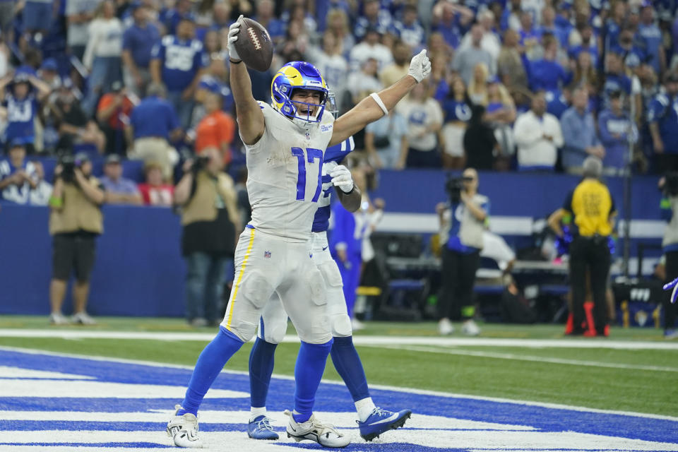 Los Angeles Rams wide receiver Puka Nacua celebrates after scoring a touchdown during overtime in an NFL football game against the Indianapolis Colts, Sunday, Oct. 1, 2023, in Indianapolis. (AP Photo/Michael Conroy)