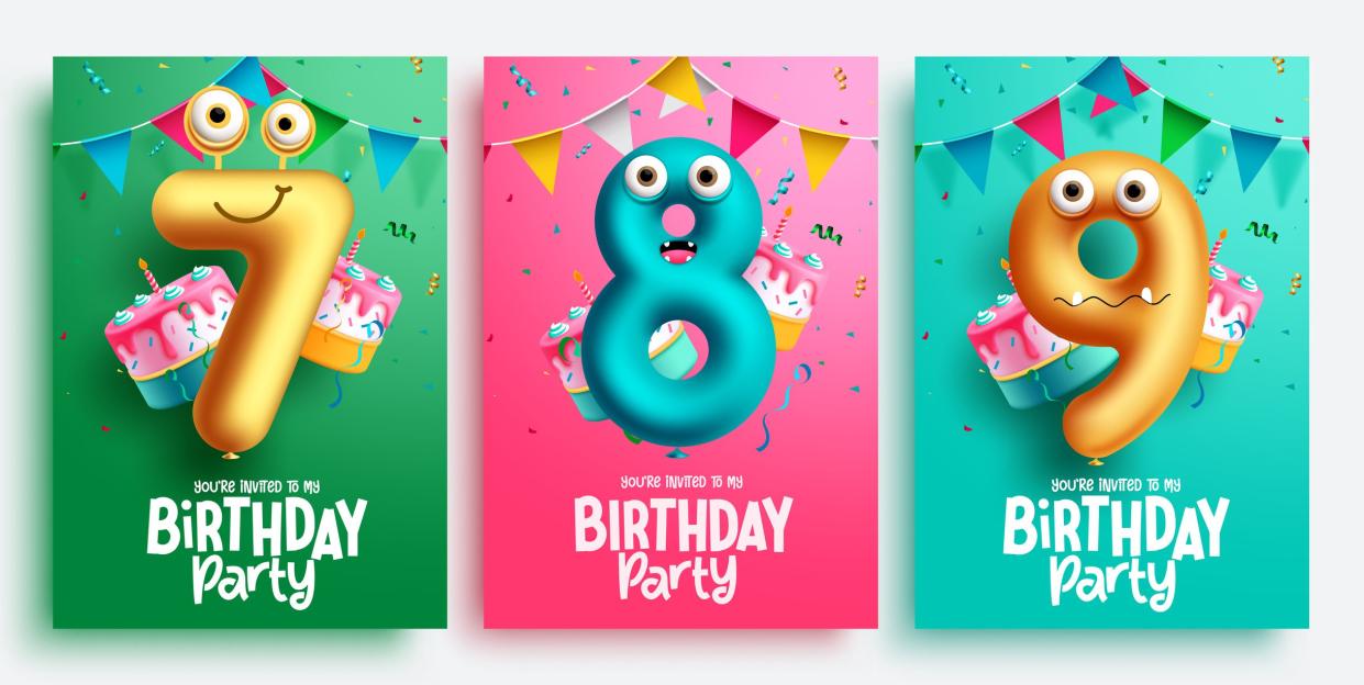 Birthday party balloons vector poster set design. Birthday number balloons for invitation card lay out collection in colorful background. Vector Illustration.