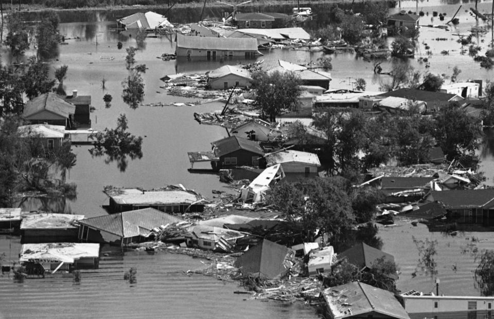 Buras, Louisiana, about 30 miles southeast of New Orleans on the Mississippi River, is seen on Aug. 20, 1969, in the aftermath of Hurricane Camille.