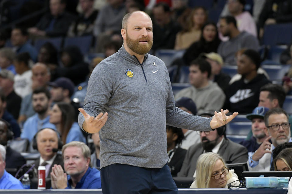 Memphis Grizzlies head coach Taylor Jenkins reacts from the sideline in the second half of an NBA basketball game against the Dallas Mavericks, Monday, Dec. 11, 2023, in Memphis, Tenn. (AP Photo/Brandon Dill)