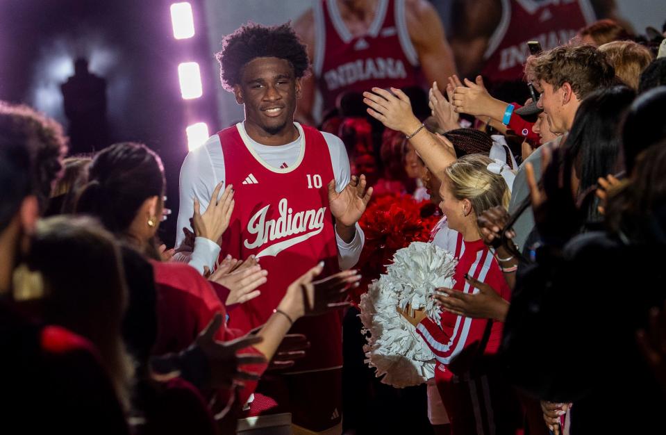 Indiana's Kaleb Banks is announced during Hoosier Hysteria at Simon Skjodt Assembly Hall on Friday, October 20, 2023.