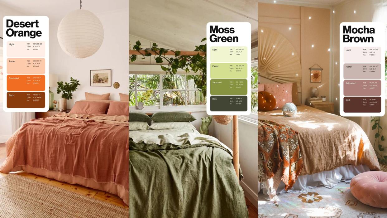  A collage of a desert orange, moss green, and mocha brown series of neutral, warm bedrooms, with the corresponding Pinterest color palette swatches over each bed. 