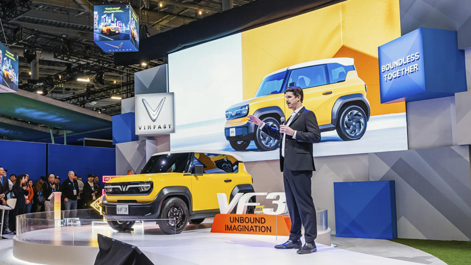 This photo released by Vinfast shows Vinfast electric car VF3 at an event in Las Vegas on Jan. 9, 2024. Vietnamese automaker VinFast just can’t sell enough cars, so it's hoping its tiniest and cheapest car yet — a roughly 10-foot-long mini-SUV priced at $9,200 and called the VF3 — will become Vietnam's “national car" and win over consumers in Asian markets. (Vinfast via AP)