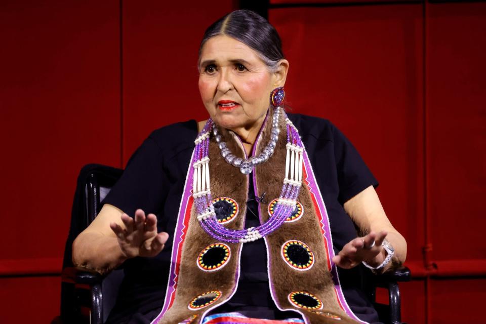 LOS ANGELES, CALIFORNIA - SEPTEMBER 17: Sacheen Littlefeather on stage at AMPAS Presents An Evening with Sacheen Littlefeather at Academy Museum of Motion Pictures on September 17, 2022 in Los Angeles, California. (Photo by Frazer Harrison/Getty Images)