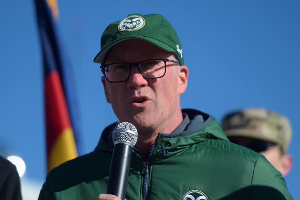 Colorado State athletic director Joe Parker speaks at the Colorado/Wyoming state line for the Bronze Boot Run ceremony on Friday, Nov. 11, 2022.