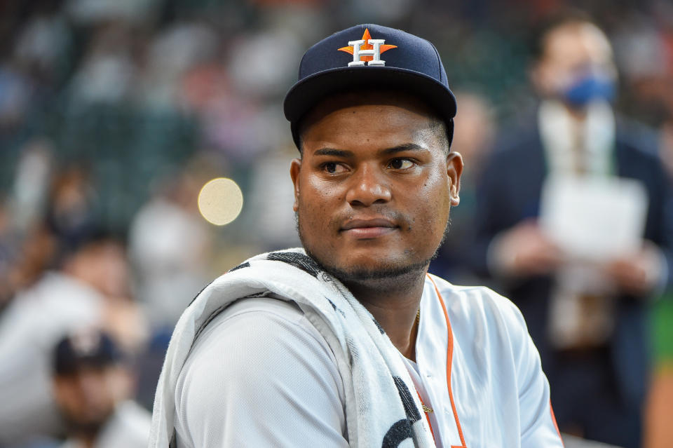 HOUSTON, TX - OCTOBER 07: Houston Astros starting pitcher Framber Valdez (59) looks from the dugout before the baseball game between the Chicago White Sox and Houston Astros at Minute Maid Park on October 7, 2021 in Houston, Texas. (Photo by Ken Murray/Icon Sportswire via Getty Images)