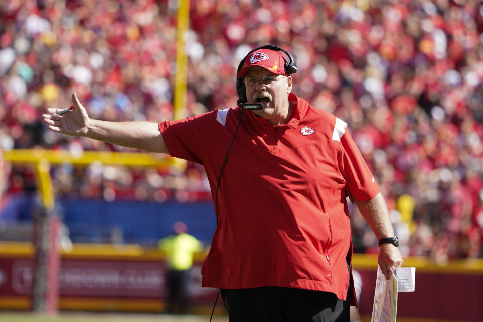 Kansas City Chiefs head coach Andy Reid argues a call during the second half of an NFL football game against the Los Angeles Chargers, Sunday, Sept. 26, 2021, in Kansas City, Mo. (AP Photo/Ed Zurga)