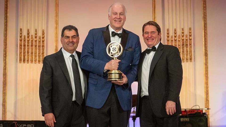 At the 2024 Broadcasters Foundation of America fundraising gala at The Plaza in New York (l. to r.): Scott Herman, chairman, BFOA; Hearst EVP and COO Jordan Wertlieb, the 2024 Golden Mic Award winner; and Tim McCarthy, president, BFOA.