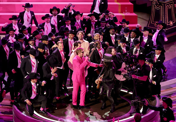 HOLLYWOOD, CALIFORNIA – MARCH 10: (L-R) Andrew Wyatt, Simu Liu, Mark Ronson, Ryan Gosling, and Slash perform ‘I’m Just Ken’ from “Barbie” onstage during the 96th Annual Academy Awards at Dolby Theatre on March 10, 2024 in Hollywood, California. (Photo by Kevin Winter/Getty Images)