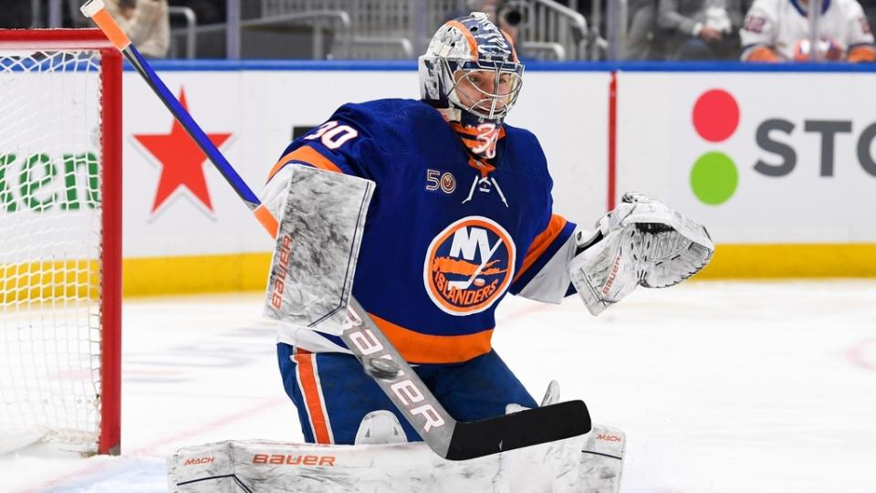 Mar 21, 2023; Elmont, New York, USA; New York Islanders goaltender Ilya Sorokin (30) makes a save against the Toronto Maple Leafs during the first period at UBS Arena