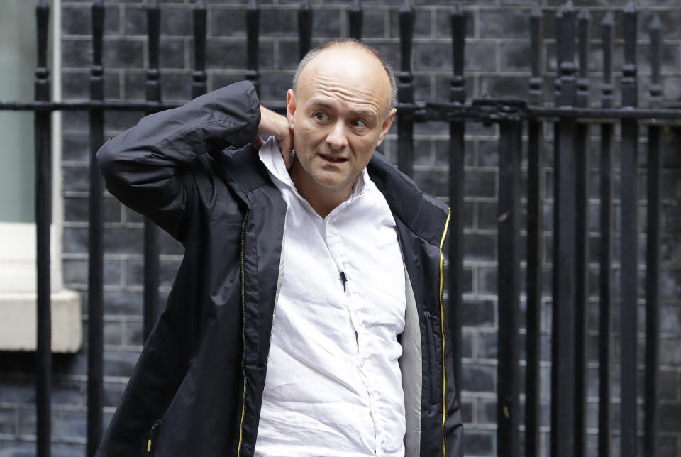 Dominic Cummings, political adviser to Britain's Prime Minister Boris Johnson, leaves 10 Downing Street in London, Thursday, Sept. 26, 2019. An unrepentant Prime Minister Boris Johnson brushed off cries of "Resign!" and dared his foes to try to topple him Wednesday at a raucous session of Parliament, a day after Britain's highest court ruled he acted illegally in suspending the body ahead of the Brexit deadline. (AP Photo/Kirsty Wigglesworth)