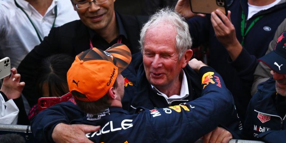 suzuka, japan   october 09 race winner and 2022 f1 world drivers champion max verstappen of netherlands and oracle red bull racing celebrates with red bull racing team consultant dr helmut marko in parc ferme during the f1 grand prix of japan at suzuka international racing course on october 09, 2022 in suzuka, japan photo by clive masongetty images