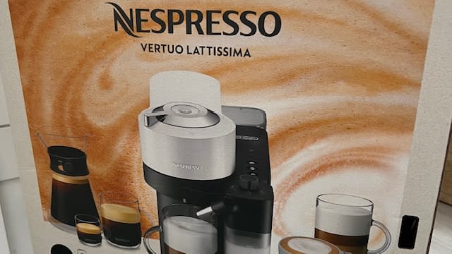 Close up of the smart Nespresso branded box that the Vertuo Lattissima arrives in