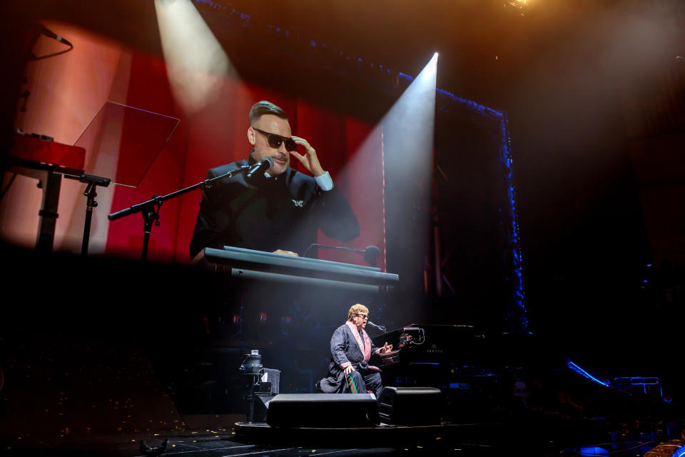 David Furnish is seen via video at the Elton John: Farewell Yellow Brick Road concert in Lincoln, NE during the Elton John AIDS Foundation's 30th Annual Academy Awards Viewing Party on March 27, 2022 in West Hollywood, California. (Photo: Jason Squires/Getty Images for Elton John AIDS Foundation)