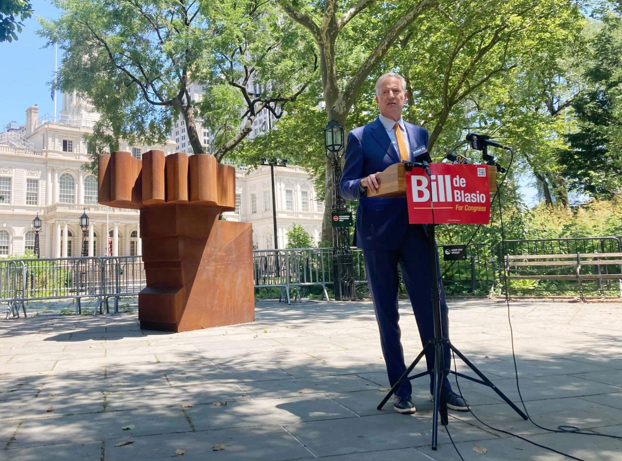 Former New York City Mayor Bill de Blasio in front of City Hall in Lower Manhattan, New York on July 11, 2022.