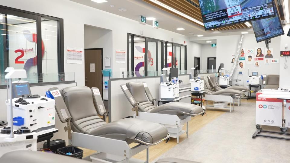 Too many blood donor chairs like these one at a Brampton donation centre sit empty. Canadian Blood Services is hoping to fill 150,000 upcoming appointments to fill a need for more blood and plasma. (CBC News - image credit)