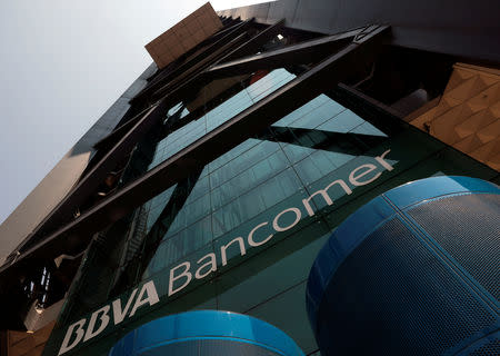 The logo of BBVA is pictured after people were evacuated from the Mexican headquarters of Spain's BBVA due to what the bank said were two anonymous emails threatening violent acts against its corporate offices, in Mexico City, Mexico March 13, 2019. REUTERS/Henry Romero