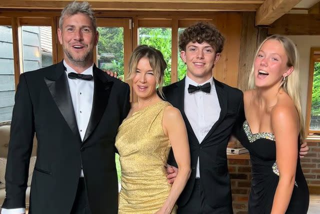 <p>Instagram/ant_anstead</p> Ant Anstead posing with his kids Archie and Amelie along with girlfriend Renée Zellweger ahead of a formal event.