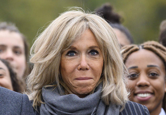 French First Lady Brigitte Macron Sharpens Up For Fall In Striped Coat And Ankle Boots