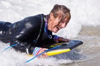 Senior women gather to boogie board on International Women's Day in Solana Beach, California