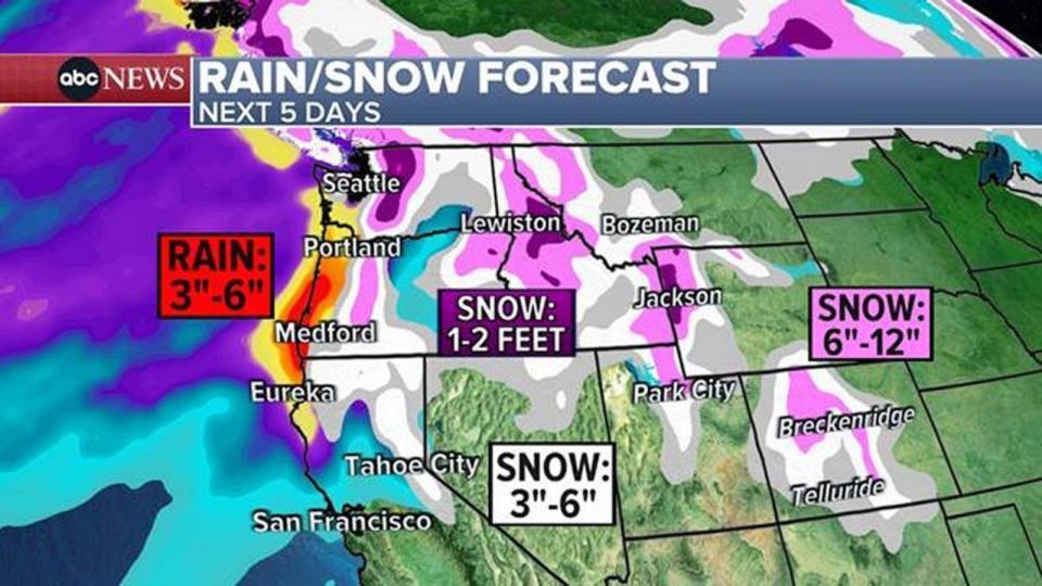 PHOTO: Rain and snow forecast for the next 5 days. (ABC News)