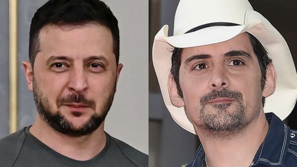 PHOTO: Ukrainian President Volodymyr Zelenskyy appears in Kyiv, Ukraine, on Sept. 8, 2022, left, and country singer Brad Paisley attends a ceremony honoring Carrie Underwood with a star on the Hollywood Walk of Fame on Sept. 20, 2018, in Los Angeles. (AP)