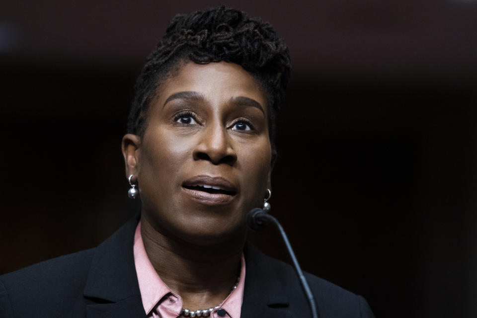 FILE - Candace Jackson-Akiwumi, nominee to be U.S. Circuit Judge for the Seventh Circuit, testifies before a Senate Judiciary Committee hearing on pending judicial nominations, April 28, 2021 on Capitol Hill in Washington. President Joe Biden has already narrowed the field for his first U.S. Supreme Court pick. One potential nominee is Jackson-Akiwumi, a former public defender he named to the U.S. Court of Appeals for the 7th Circuit. (Tom Williams/Pool via AP, File)