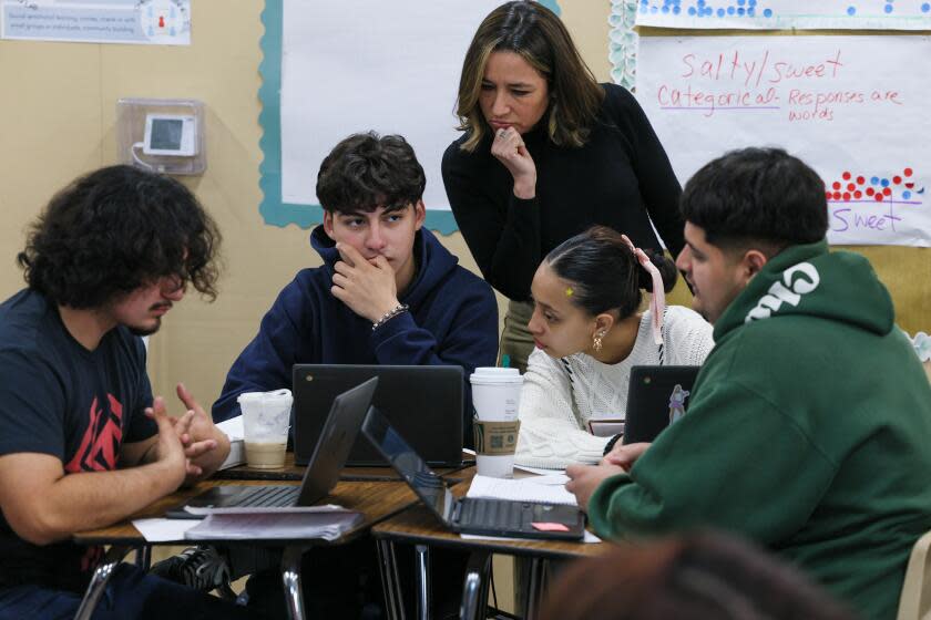 San Gabriel, CA, Wednesday, March 13, 2024 - San Gabriel High School teacher Leah Ruiz teaches a statistics lesson determining the likelihood men or women will be victims in horror movies. The University of California is weighing what kind of data science classes can count as math for admission, a controversial issues many STEM faculty who want rigorous standards against equity advocates who say alternative pathways to the algebra-calculus track such as data science will benefit more diverse students. (Robert Gauthier/Los Angeles Times)