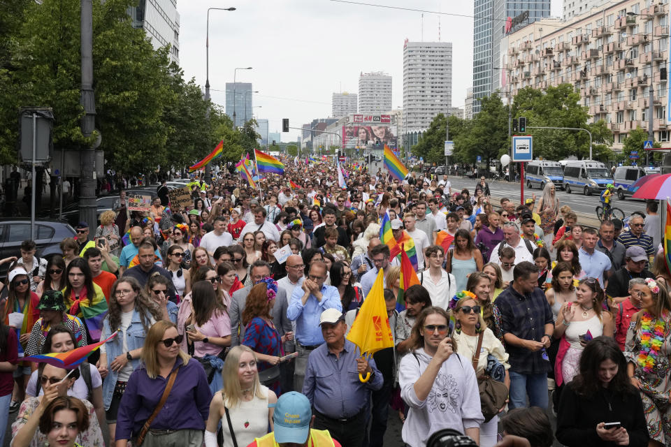 People take part in the Equality Parade, an LGBT pride parade, in Warsaw, Poland, Saturday, June 17, 2023. (AP Photo/Czarek Sokolowski)