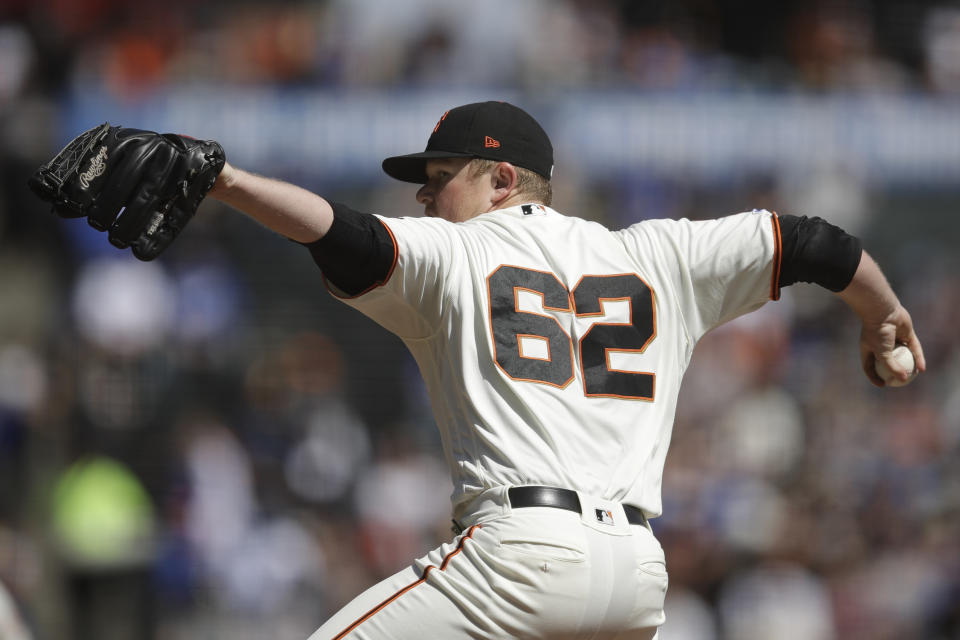 San Francisco Giants pitcher Logan Webb works against the Los Angeles Dodgers in the first inning of a baseball game Saturday, Sept 28, 2019, in San Francisco. (AP Photo/Ben Margot)