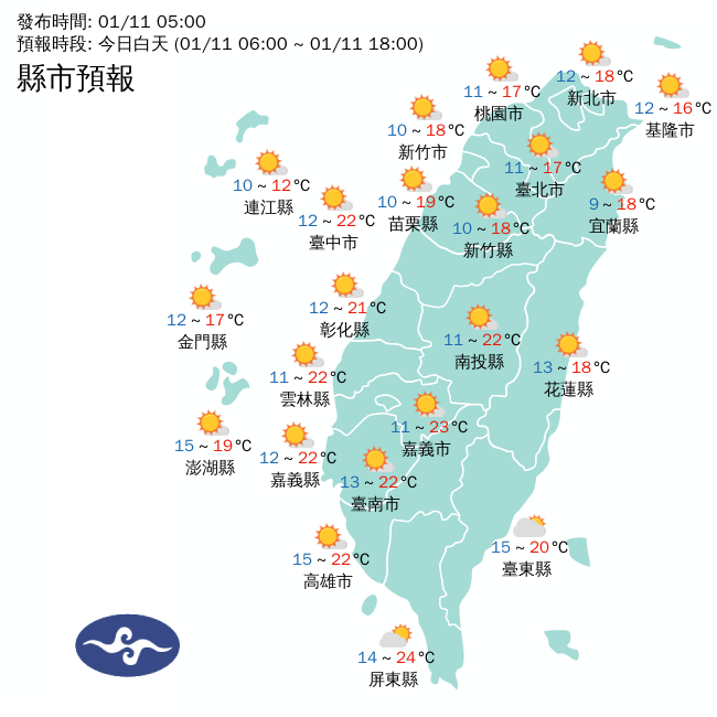 這波冷氣團偏乾冷，除了溫度偏低外，輻射冷卻作用也很明顯，各地日夜溫差大。   圖：中央氣象署／提供