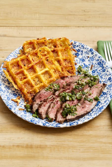 Flank Steak With Cheesy Hash Brown Waffles