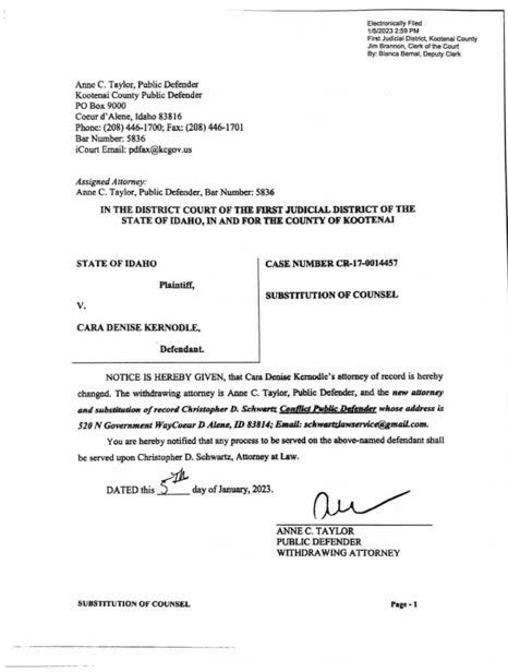 Court documents, filed on 5 January, reveal that public defender Anne Taylor stood down from as the attorney for Xana Kernodle’s mother (Idaho state records)