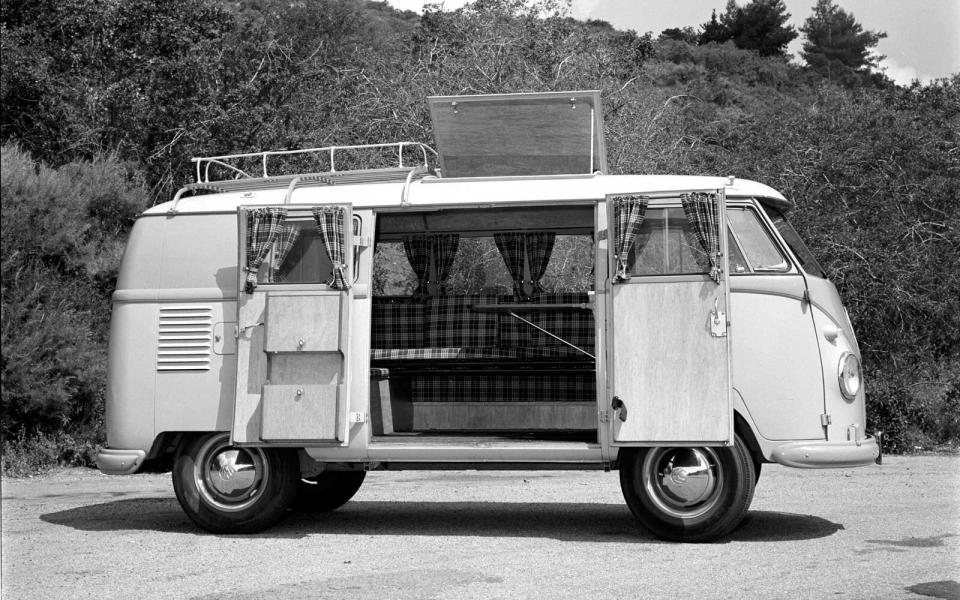 1956 VW Kamper Bus. Two-tone Volkwagen Microbus camper in the mountains north of Los Angeles.