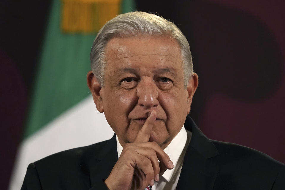 FILE - Mexican President Andres Manuel Lopez Obrador pauses during his daily, morning press conference at the National Palace in Mexico City, Friday, March 1, 2024. López Obrador and his Guatemalan counterpart Bernardo Arévalo, met Friday, May 17, 2024, in the Mexican border city of Tapachula, to tackle issues of shared interest, foremost among them immigration. (AP Photo/Marco Ugarte, File)