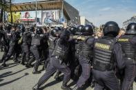 <p>Russian police push protesters back during a demonstration against President Vladimir Putin in Pushkin Square in Moscow, Russia, Saturday, May 5, 2018. (Photo: Dmitry Serebryakov/AP) </p>